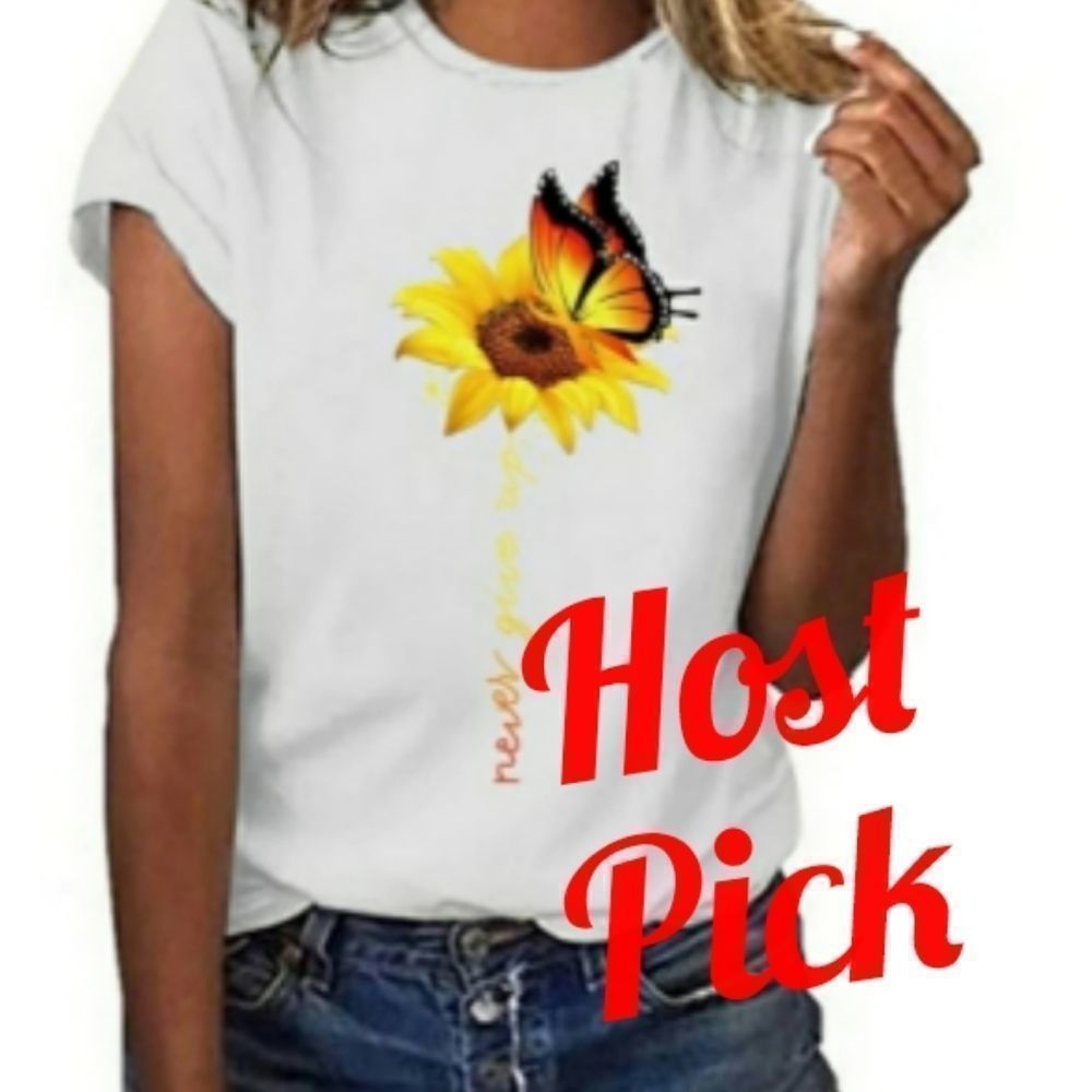 White Short Sleeve Tee with Sunflower and Butterfly Design